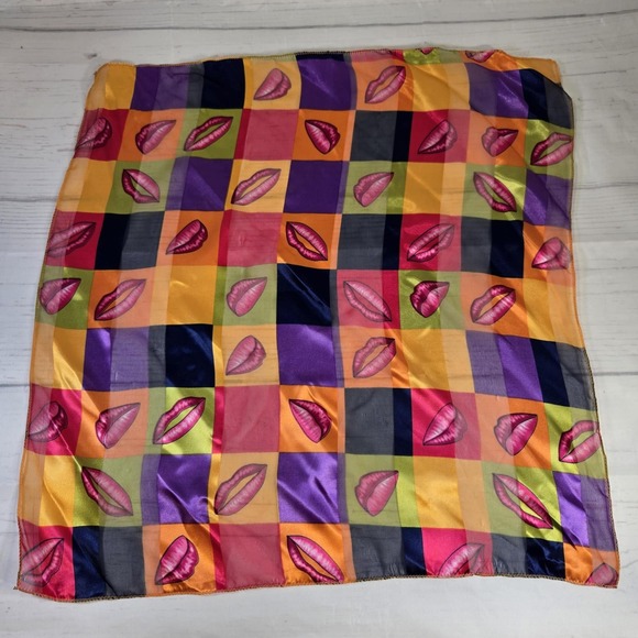 Lips Print Square‎ Scarf Colorful Checkered Lightweight Fashion Accessory - Picture 1 of 4